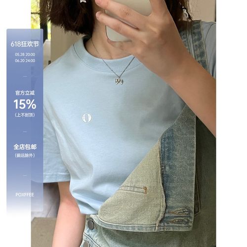 POXFFEE/正肩圆领宽松短袖潮牌打底t恤女2024春季新款显瘦上衣