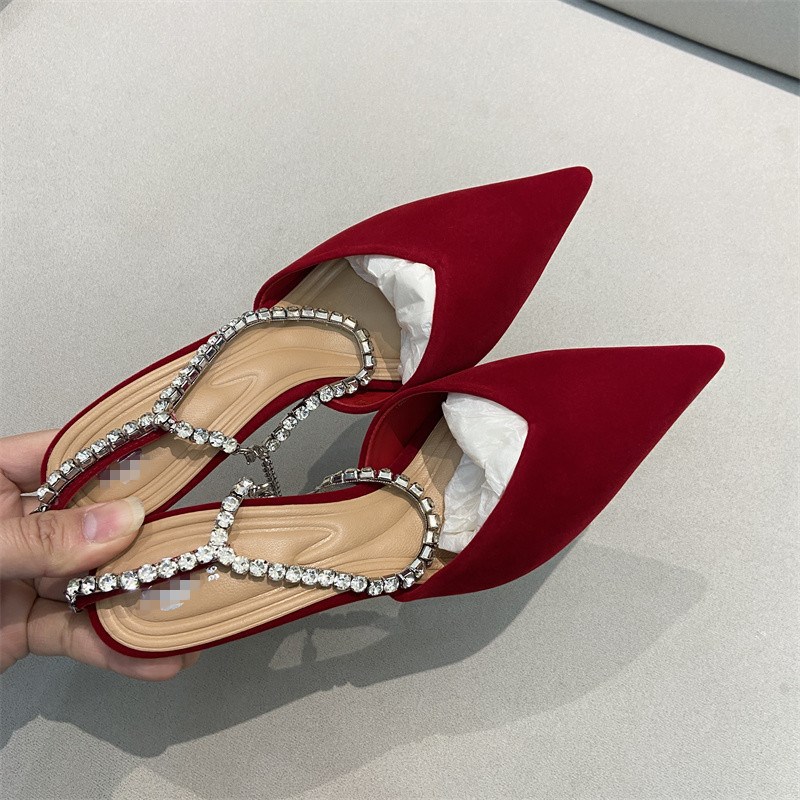 优雅气质 水钻红色尖头高跟凉鞋女夏季细跟包头女鞋宴会鞋婚鞋