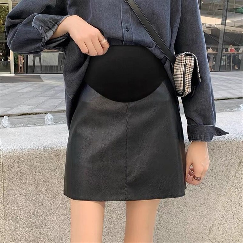 孕妇半身裙春秋款外穿韩版黑色修身A字包臀PU短孕妇皮短裙怀孕期