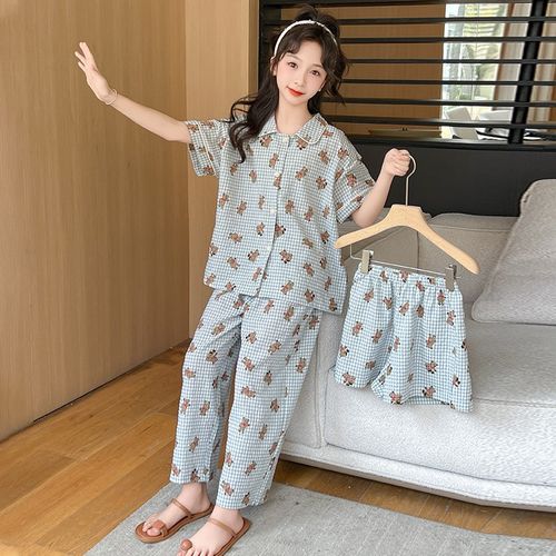 儿童睡衣女童夏季纯棉长裤短袖薄款大童女孩2025新款三件套家居服