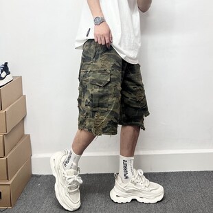 宽松版 五分裤 休闲男士 潮牌多口袋破洞刮烂设计感迷彩工装 短裤 夏季