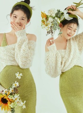 影楼孕妇私房拍照服装新款小清新孕妇写真艺术照绿色套装摄影衣服