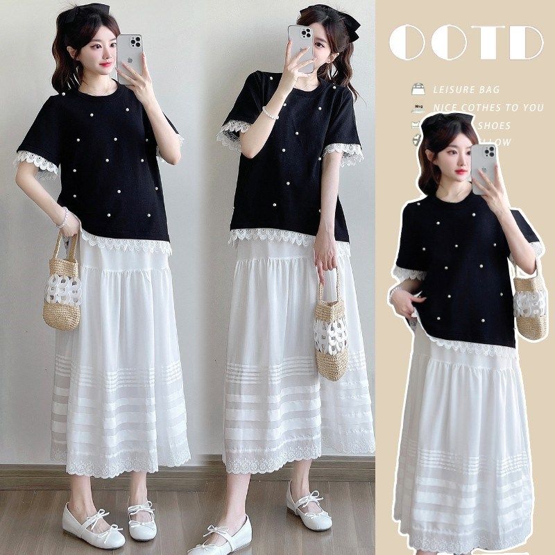 孕妇装夏装时尚重工钉珠蕾丝花边上衣+高腰宽松遮肉半身裙两件套,孕妇装/孕产妇用品/营养,套装,淘宝优惠券,粉丝福利购,淘宝优惠卷