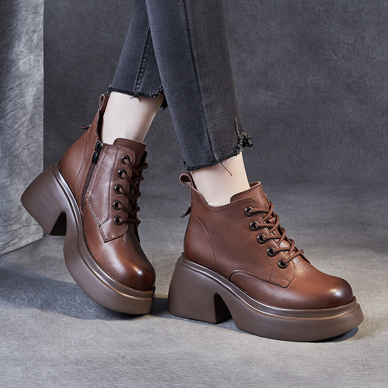 棕色高跟小个子增高马丁靴女款英伦风2023新款秋款咖色小皮鞋真皮