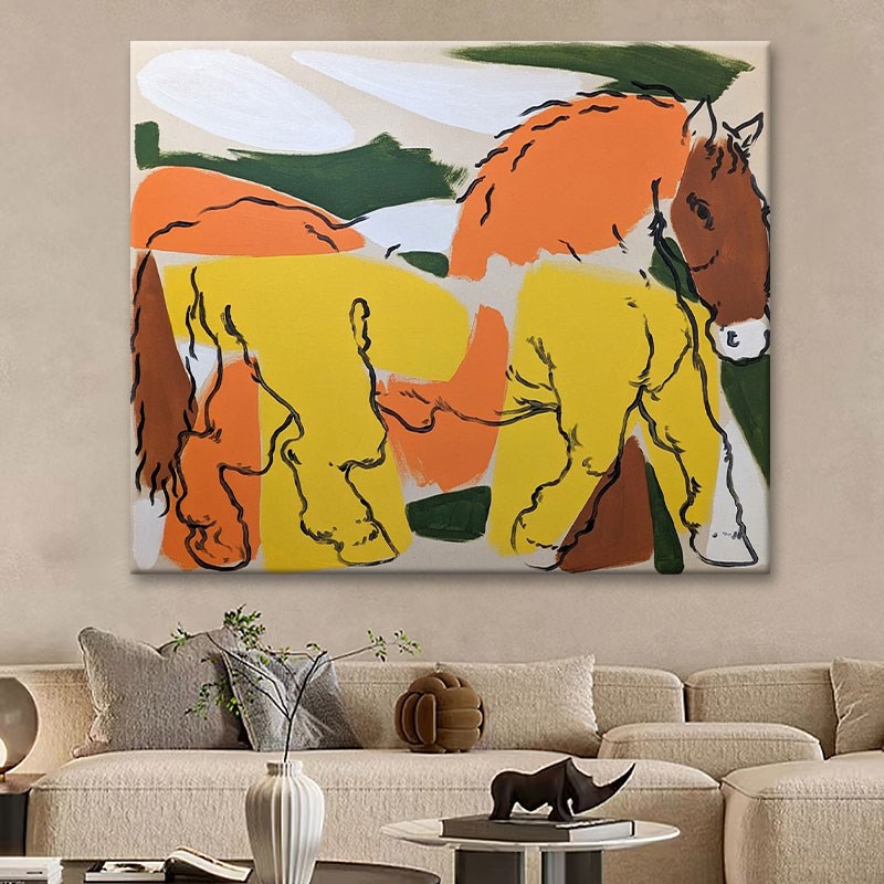 抽象动物马客厅沙发背景墙装饰画纯F手绘油画玄关卧室艺术丙烯挂图片