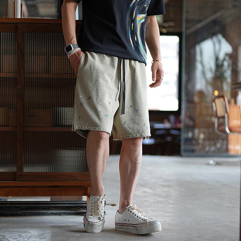 港风高街设计感甩漆宽松针织短裤男装夏季潮流高端百搭休闲五分裤,男装,短裤,淘宝优惠券,粉丝福利购,淘宝优惠卷