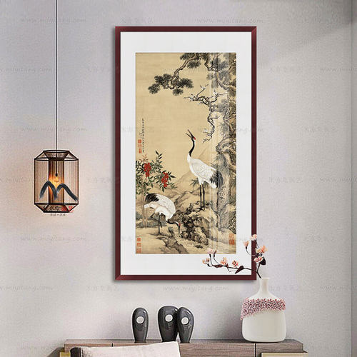 亦堂松梅鹤图 沈铨新仿古鸟国画玄关客厅书房竖幅挂画