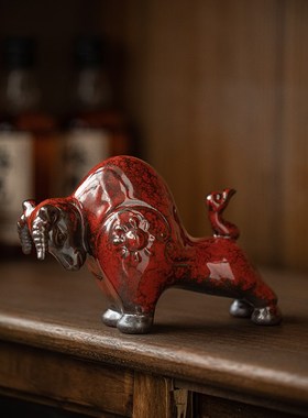 牛市吉祥物陶瓷红色牛牛气冲天创意家居客厅招财装饰品生肖牛