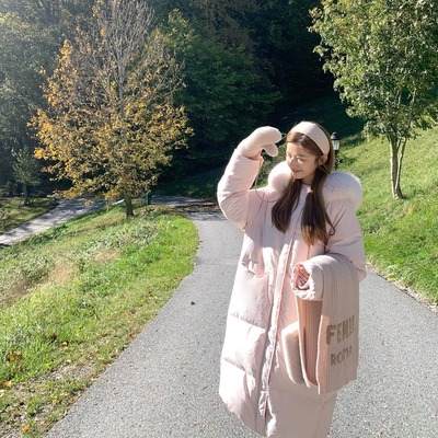 Beloved莫斯科的冬 三星可溯源大毛领棉服女装粉色加厚棉衣外套