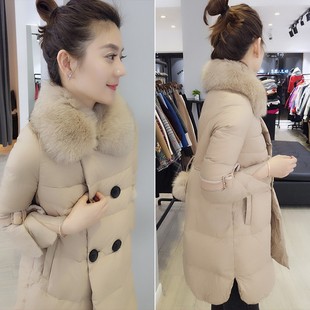 杏色轻熟风毛领双排扣羽绒服女韩版中长款外套2025秋冬新款欧洲站
