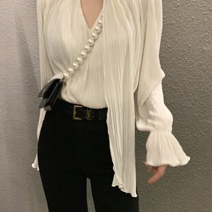 小众设计感 chic 褶皱系带 喇叭袖 上衣 已出货 衬衫 韩国