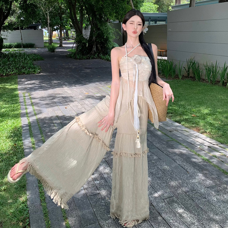 实拍波西米亚度假风流苏花边阔腿裤+不规则上衣棉麻抹胸套装