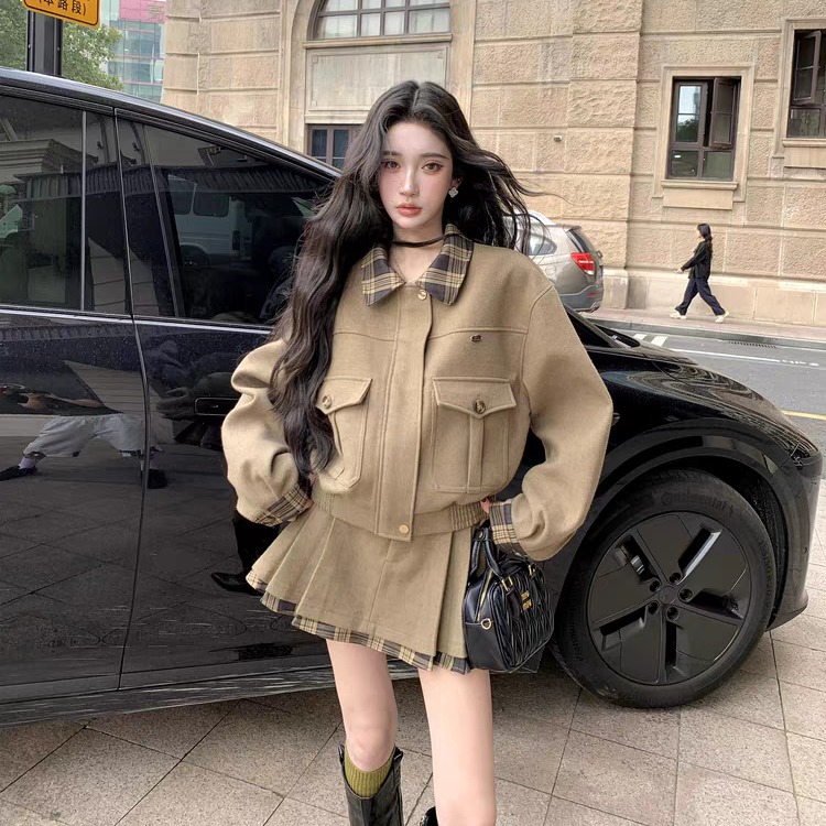 Barb Chill格子工装夹克女秋冬巴恩风短外套miu系千金毛呢套装