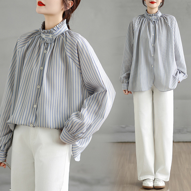 实拍2026早春大码女装法式蓝色条纹立领长袖衬衫高级设计感上衣