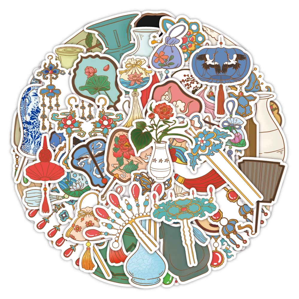 120张原创故宫怀旧古风物件贴纸国风周边卡通装饰手机行李箱贴画