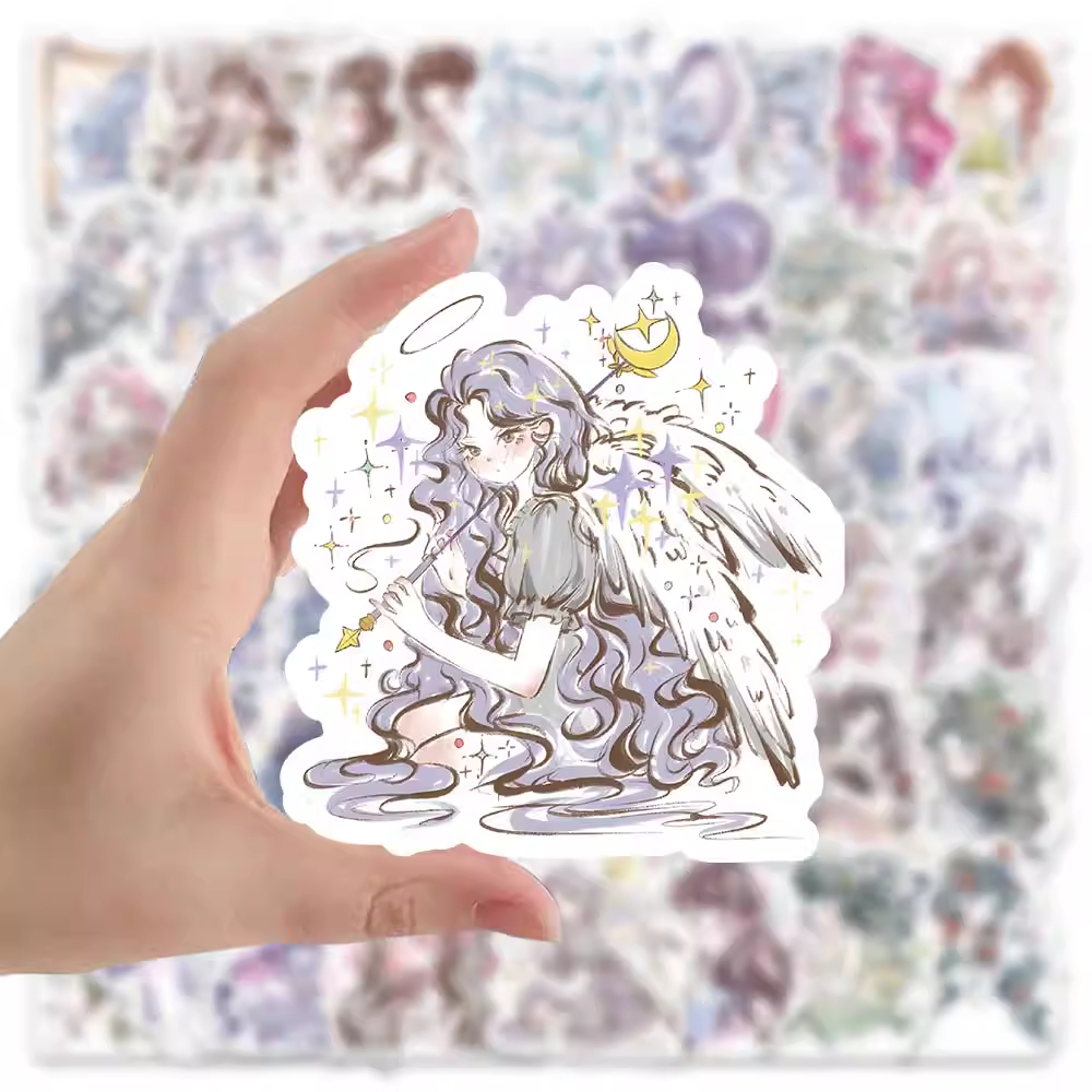 120张卡通手绘线条女孩插画贴纸可爱彩绘少女手账手机行李箱贴画