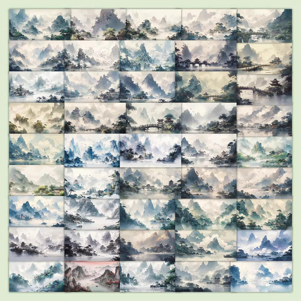 中国山水水墨画贴纸中式古风风景图片