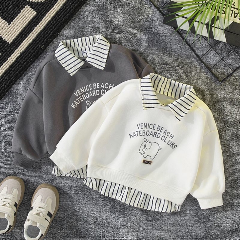 男童卫衣春秋款2025新款宝宝假两件长袖T恤3儿童洋气打底衫上衣潮