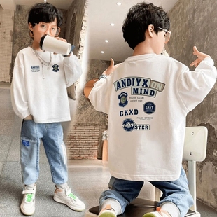 纯棉中大童潮牌上衣 2024春秋季 男女童酷帅打底衫 百搭宽松T恤长袖