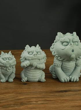 国潮麒麟摆件一对石雕神兽招财青砂石茶宠鱼缸造景花盆景观装饰品