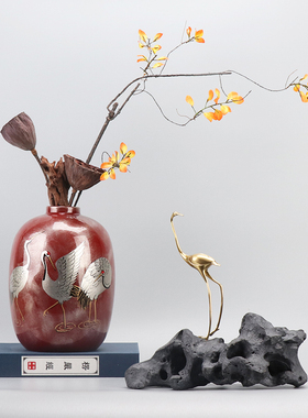 新中式创意陶瓷花瓶铜鹤国风艺术家居电视柜玄关酒柜软装饰品摆件