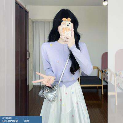 韩系紫色蝴蝶结长袖针织开衫女早秋季小个子毛衣外套独特漂亮上衣