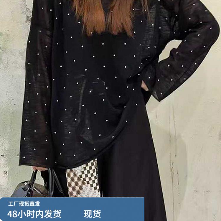 黑色波点长袖T恤女2025秋季新款大码宽松慵懒风薄款透视罩衫上衣