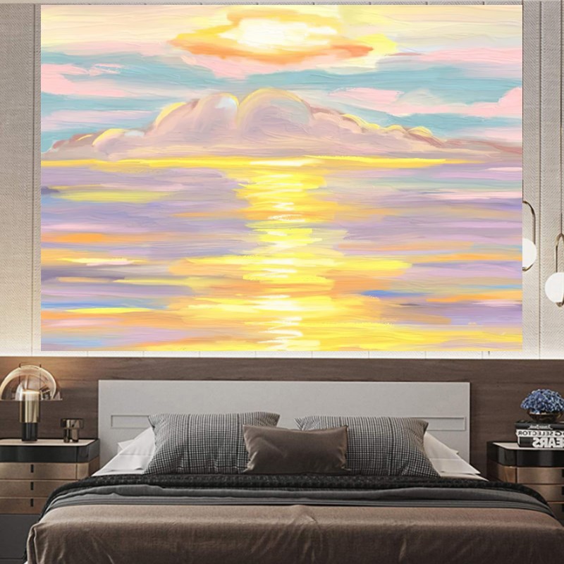 简约手绘水彩大海餐厅装饰画卧室房间艺术挂毯布艺免打孔壁画挂布图片