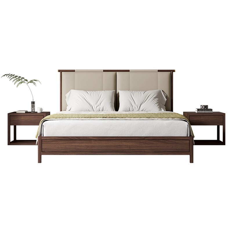 新中式实木床别墅会所软靠黑胡桃木床家用主卧床1.8米双人床定制