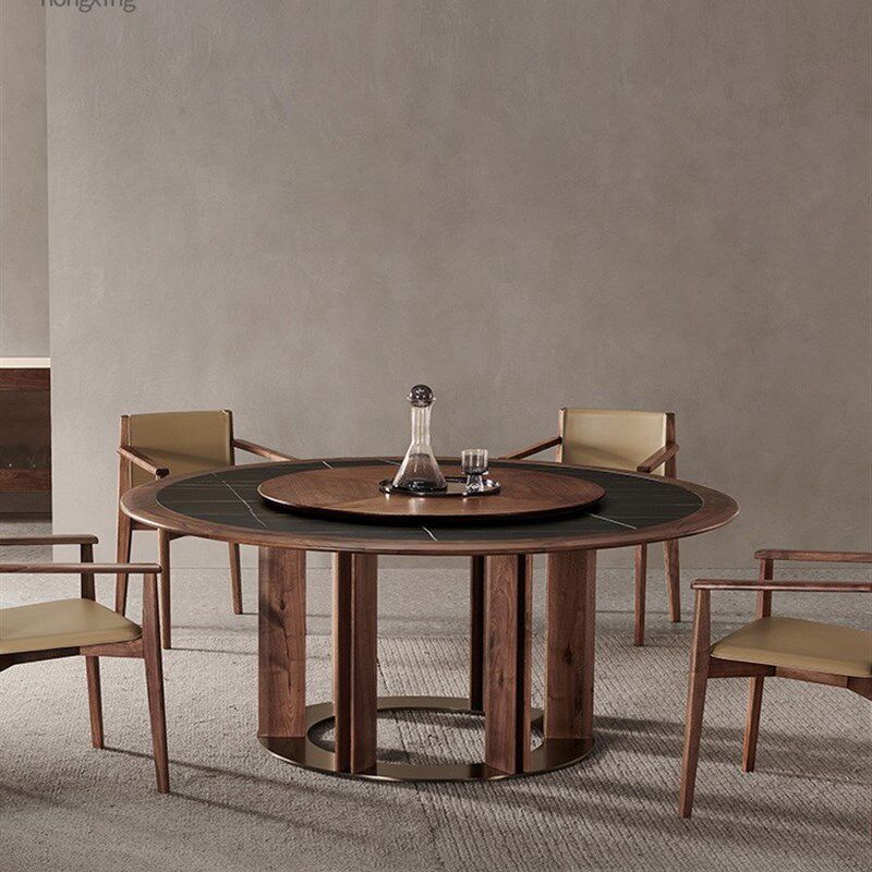 北美黑胡桃木圆形餐桌意式轻奢岩板家用大圆桌转盘全实木饭桌别墅