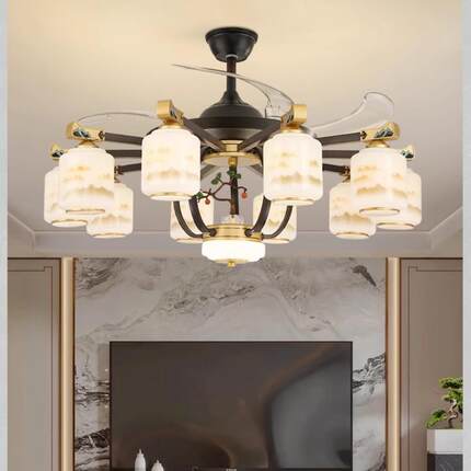 新中式风扇灯复式楼别墅山水画餐厅卧室禅意中国风LED客厅吊灯具