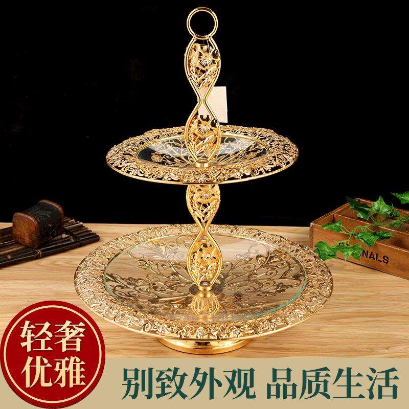 欧式创艺家居酒店双层水果盘KTV用品金属钢化玻璃水果盘