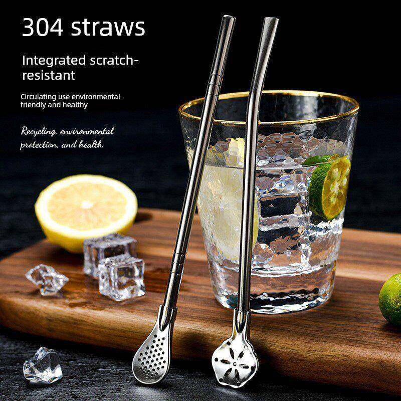 加长吸管勺304不锈钢奶茶搅拌过滤一体式两用环保粗金属非一次性