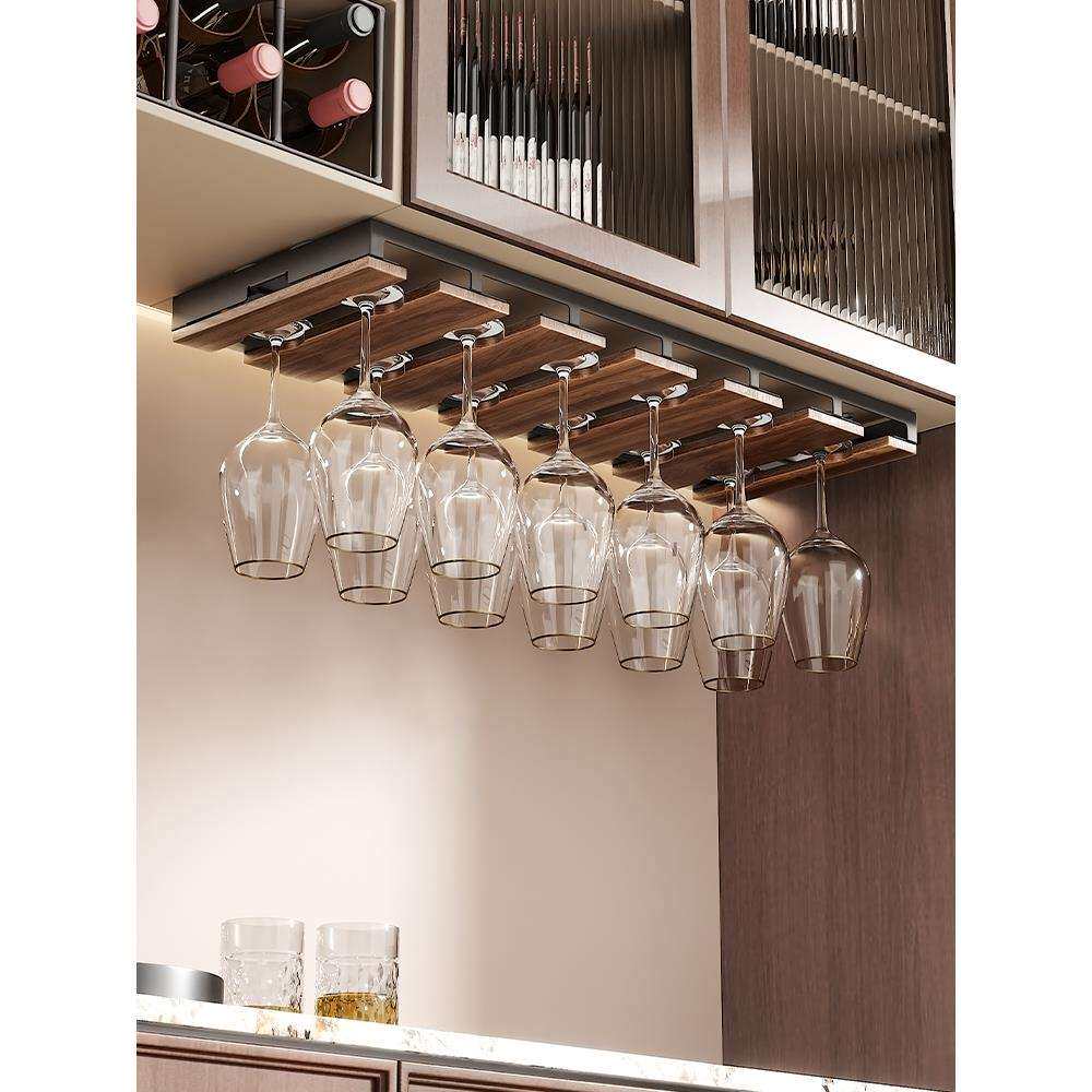 吸盘胡桃木红酒杯架倒挂高脚杯收纳置物架子家用轻奢悬挂酒柜