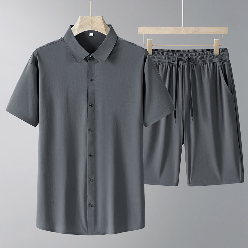 跨境专供短袖套装男时尚百搭夏季新款翻领衬衫短裤纯色运动两件套