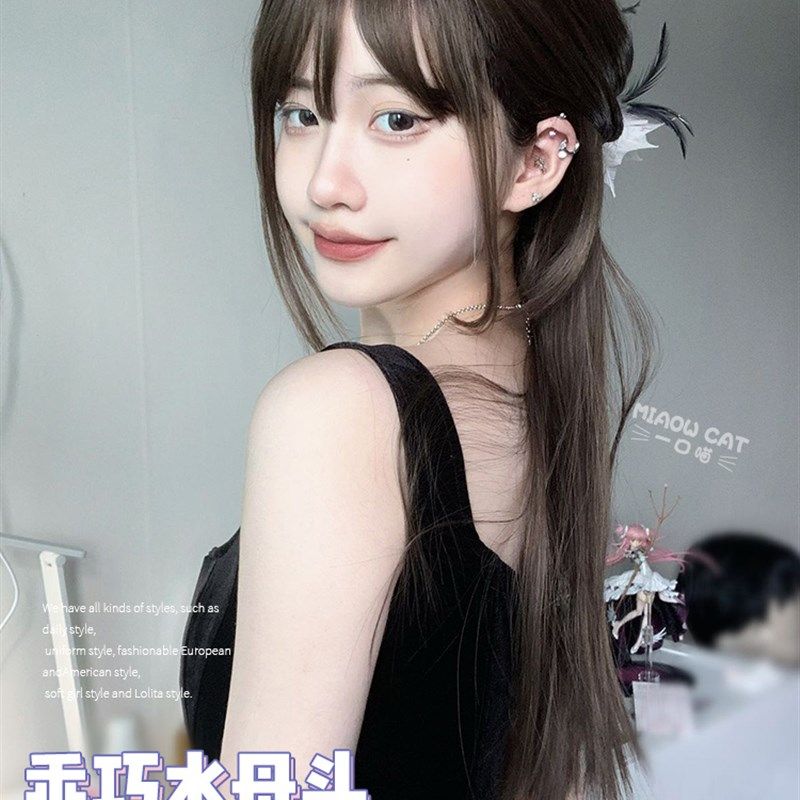 假发女日常网红长直发lolita自然齐刘海水母头新款逼真jk全头套式,美发护发/假发,日常整顶假发,淘宝优惠券,粉丝福利购,淘宝优惠卷