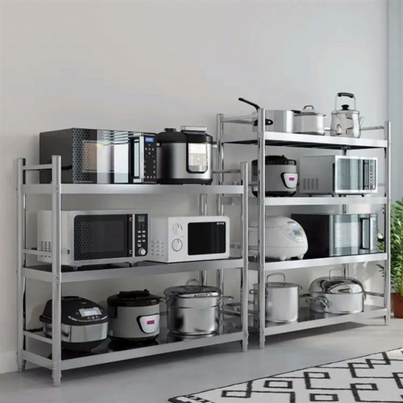 带围栏厨房不锈钢置物架3层4多层落地架家用收纳整理微波炉烤箱架