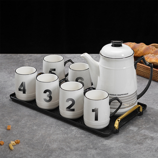 简约数字水杯家用陶瓷套装杯具客厅北欧凉水壶茶壶带托盘杯子一套