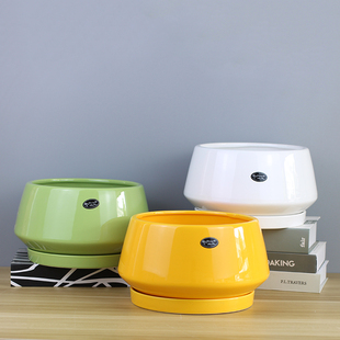 北欧花盆陶瓷大口径带托盘简约创意矮胖圆形家用客厅绿萝盆景花盆