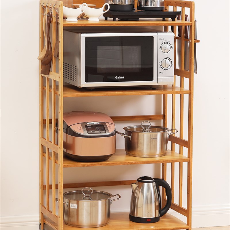 带滑轮厨房置物架烤箱微波炉架子落地多层收纳柜实木多功能可移动