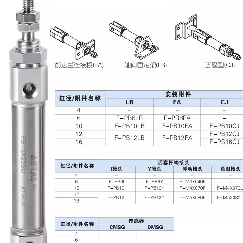 亚德客气缸PB10/12/16X5X10X15X20X25X30X40X50X60X70X75X100SU
