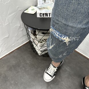 破洞贴布复古做旧水洗蓝弹力修身小脚九分牛仔长裤男夏潮休闲紧身