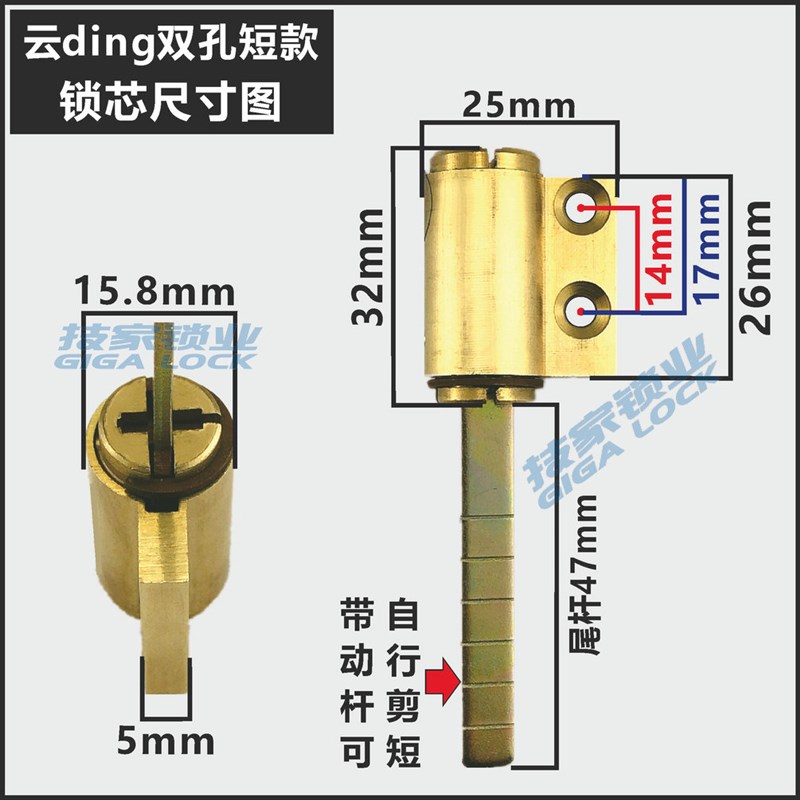 适用云丁智能锁锁芯蛋壳公寓指纹密码底装带尾巴双孔电子门锁锁头