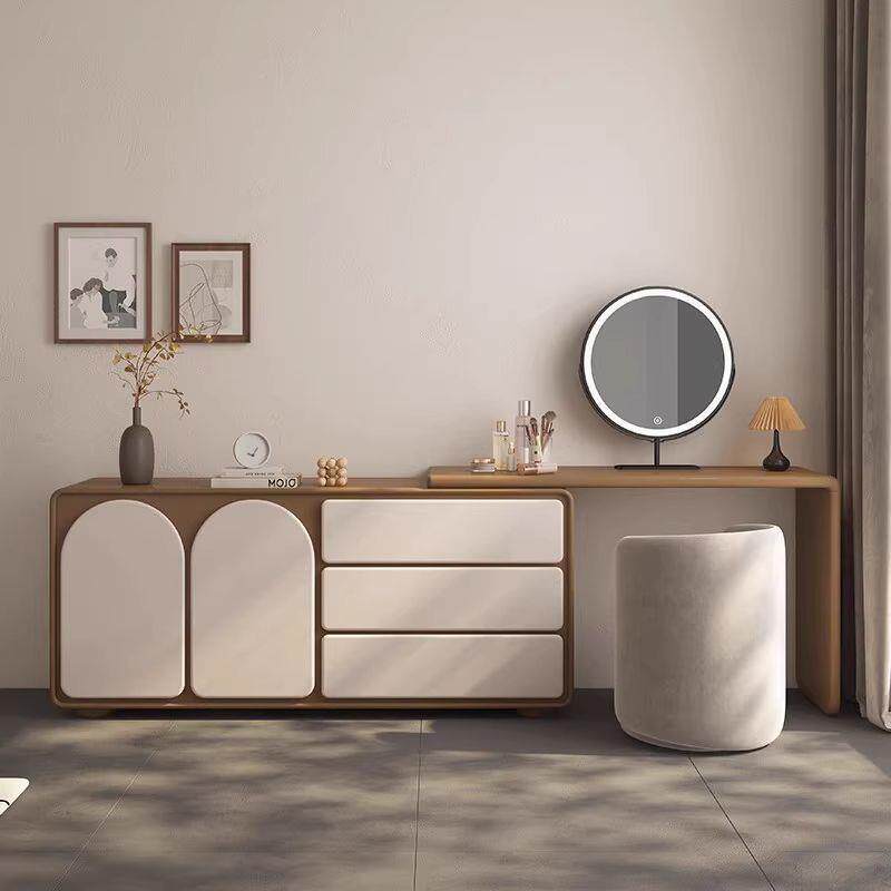 中古风实木简约卧室小户型梳妆台斗柜一体可伸缩转角奶油风化妆桌