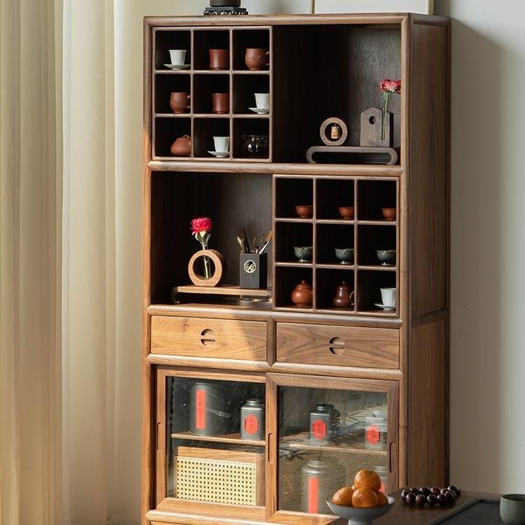 榆木茶柜客厅置物架实木茶室茶边柜新中式博古架储物柜展示柜家L^