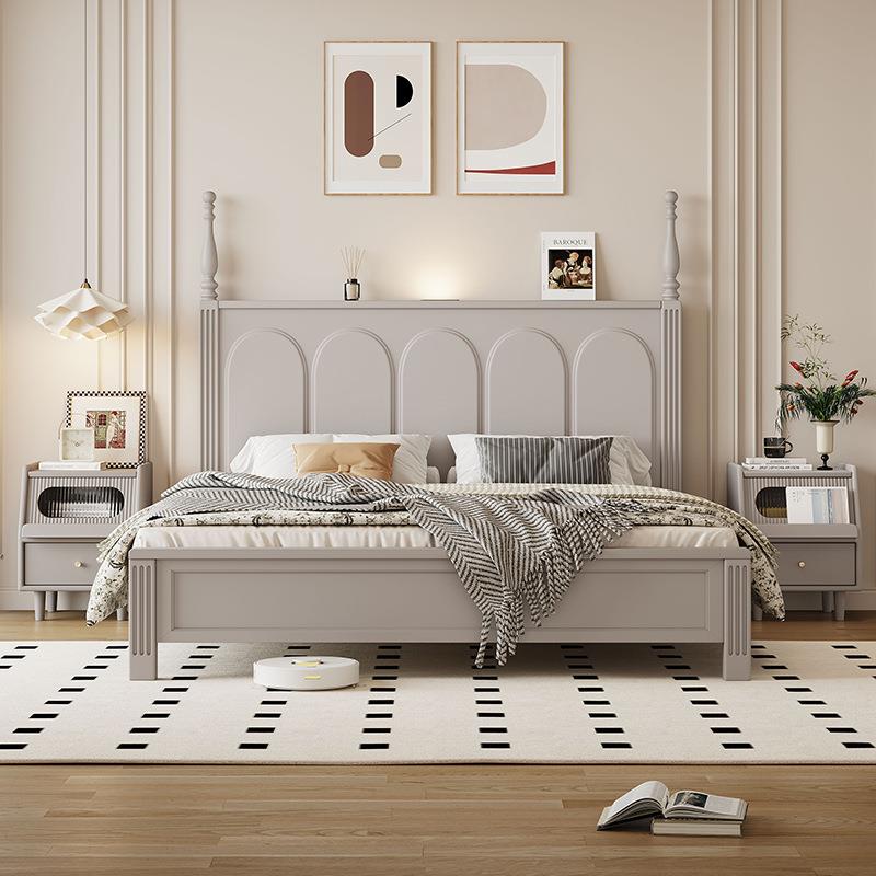 米尔斯大厂直销家用小户型床加床垫莫兰迪灰单人床1米2北欧实木床