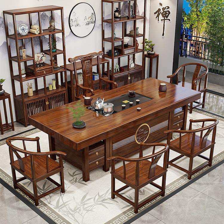 实木大板茶桌椅组合一桌五椅新中式家用茶几办公室茶台茶具一整套
