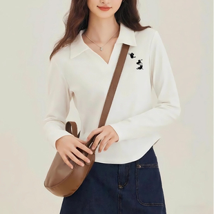 T恤女修身 秋季 长袖 新款 翻领上衣设计感小众POLO领 正肩V领POLO衫