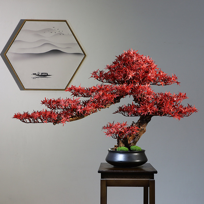 新仿真红枫盆景室内茶室迎客松绿植玄关博古架红枫树装饰图片