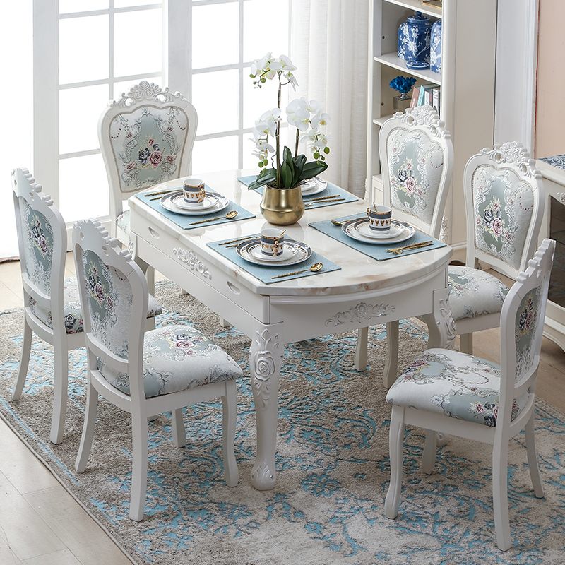 欧式餐桌椅组合现代简约小户型实木大理石饭桌伸缩折叠多功能圆桌
